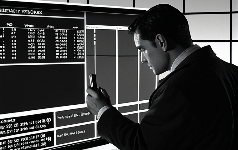 **
A detective intensely examining a messy dataset projected onto a screen, highlighting missing values (blank spaces), inconsistent date formats, and a phone number mistakenly entered into a zip code column. Tools like data profiling visualizations and a magnifying glass are visible, emphasizing the investigative aspect of identifying data quality issues. The scene should convey a sense of discovery and problem-solving, with a slightly humorous undertone related to the "zip code" error. Style: A mix of film noir and modern data visualization.
**