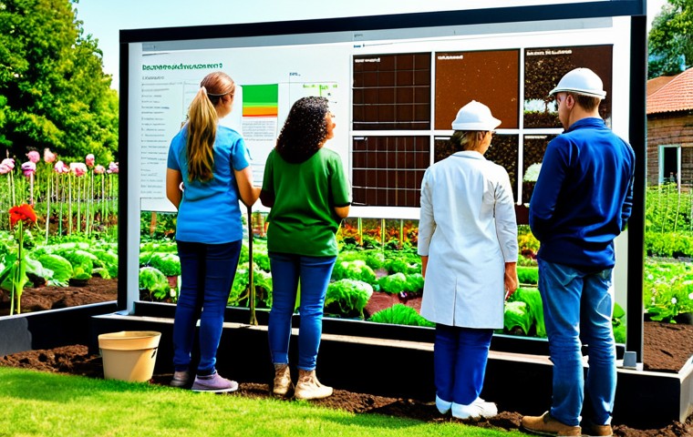 Community Garden Data Visualization**

"A diverse group of community members, fully clothed in gardening attire, gathered around a large data visualization display showing soil composition analysis, appropriate content, safe for work, perfect anatomy, natural proportions, modest dress, professional photography, bright daylight, friendly atmosphere, focused on data."

**