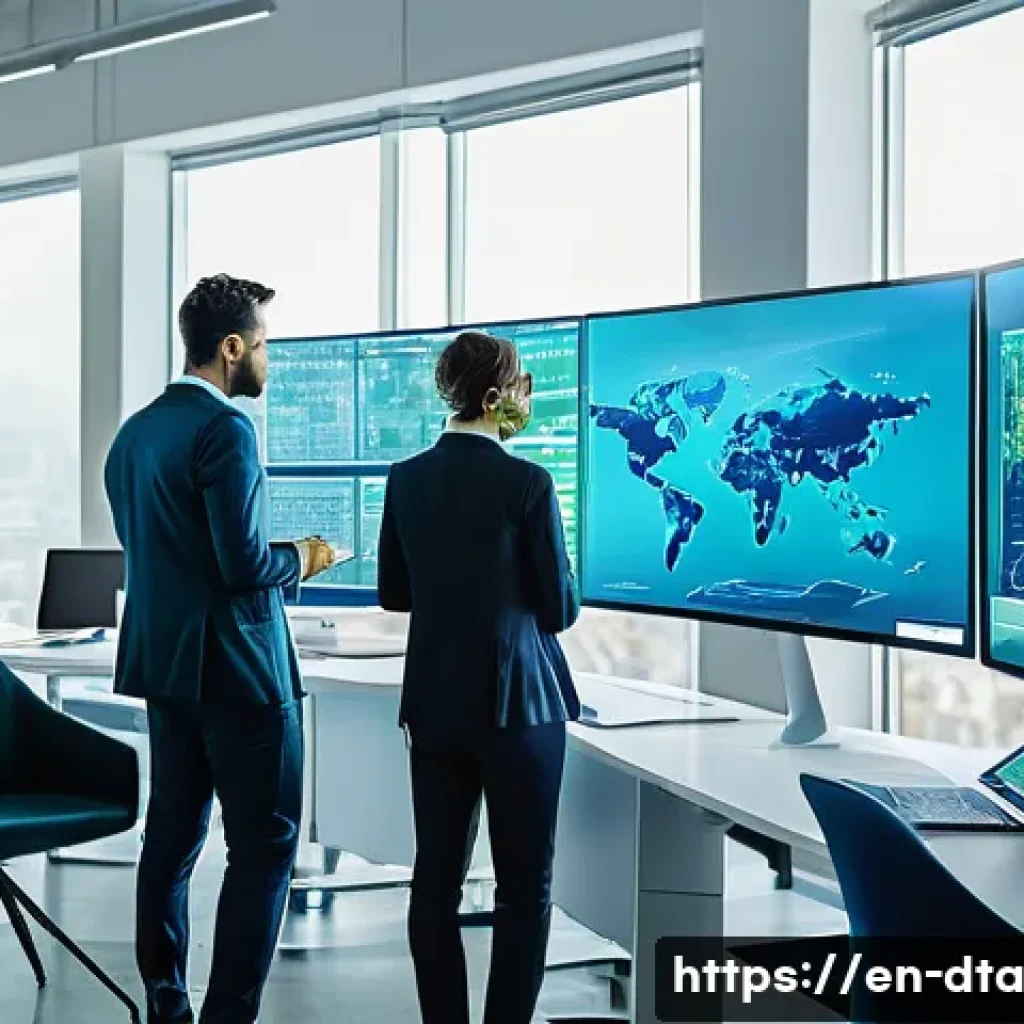 오픈 데이터 활용을 위한 비즈니스 모델 - A modern, sleek office scene featuring a diverse team of professionals analyzing interactive dashboa...