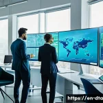 오픈 데이터 활용을 위한 비즈니스 모델 - A modern, sleek office scene featuring a diverse team of professionals analyzing interactive dashboa...