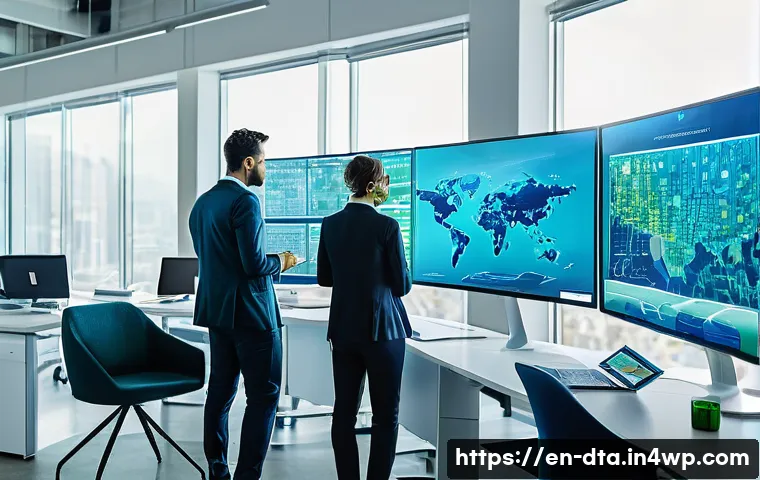오픈 데이터 활용을 위한 비즈니스 모델 - A modern, sleek office scene featuring a diverse team of professionals analyzing interactive dashboa...